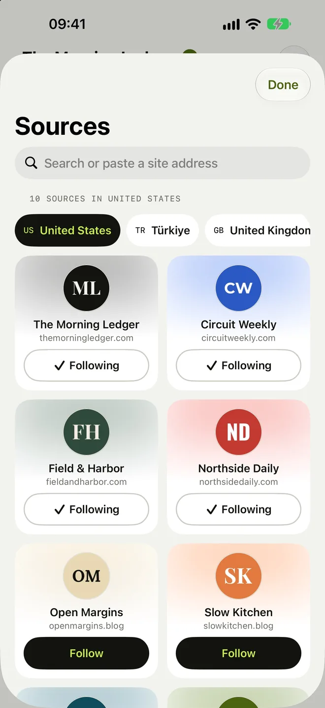 Sources screen with sites to follow by country