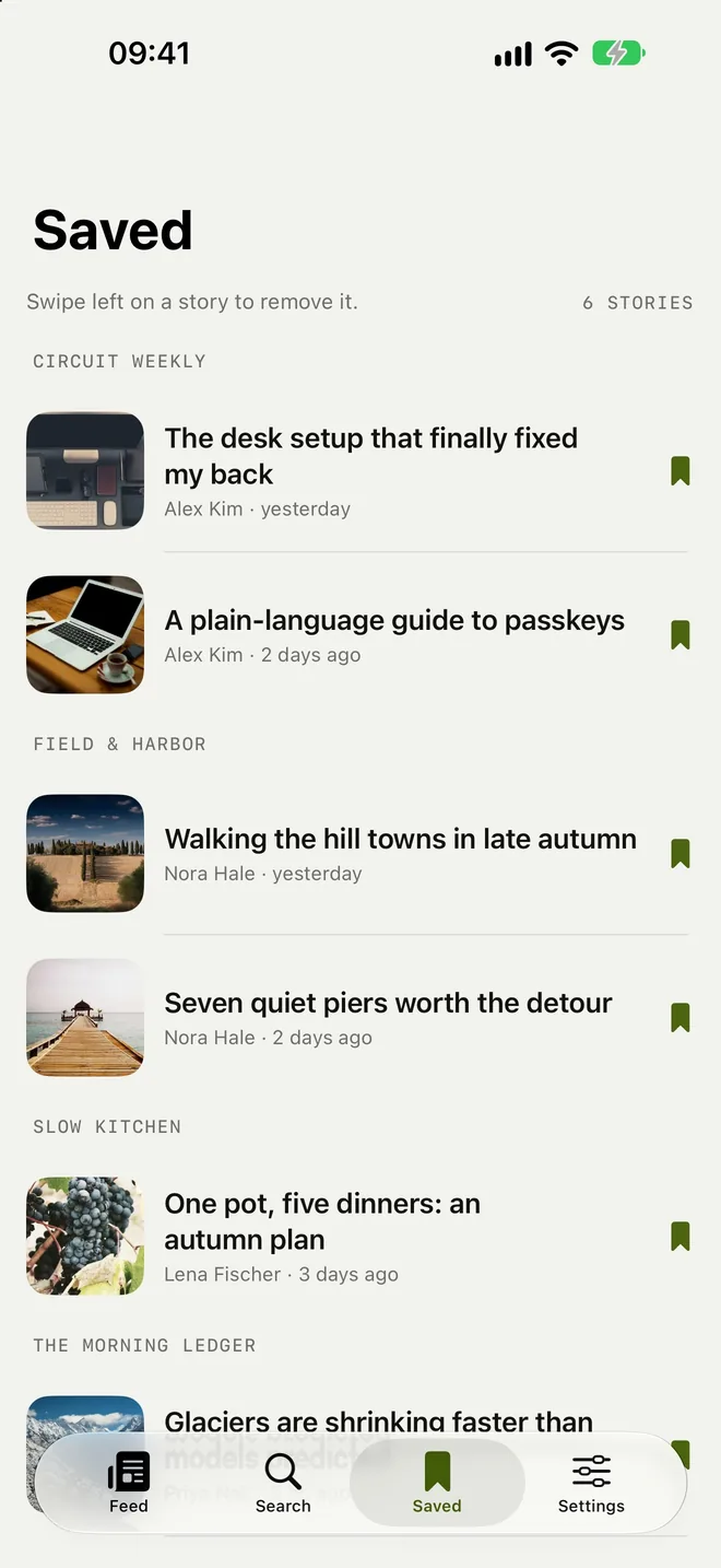 Saved stories grouped by source